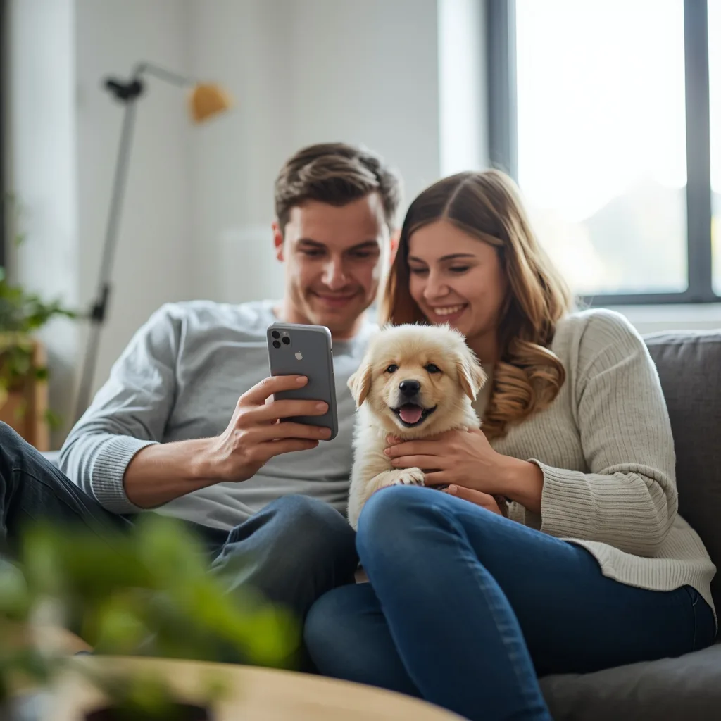 Pareja joven usando un calendario compartido para organizar al cachorro