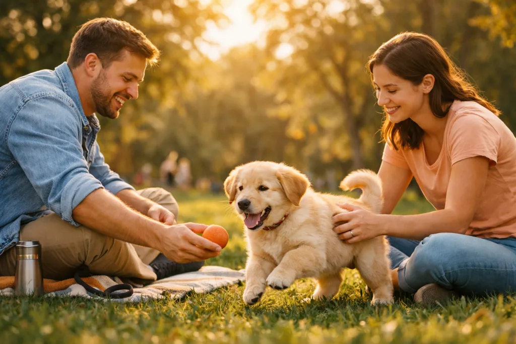 Pareja joven jugando con un cachorro feliz en un parque, cuántas veces al día necesita atención un cachorro