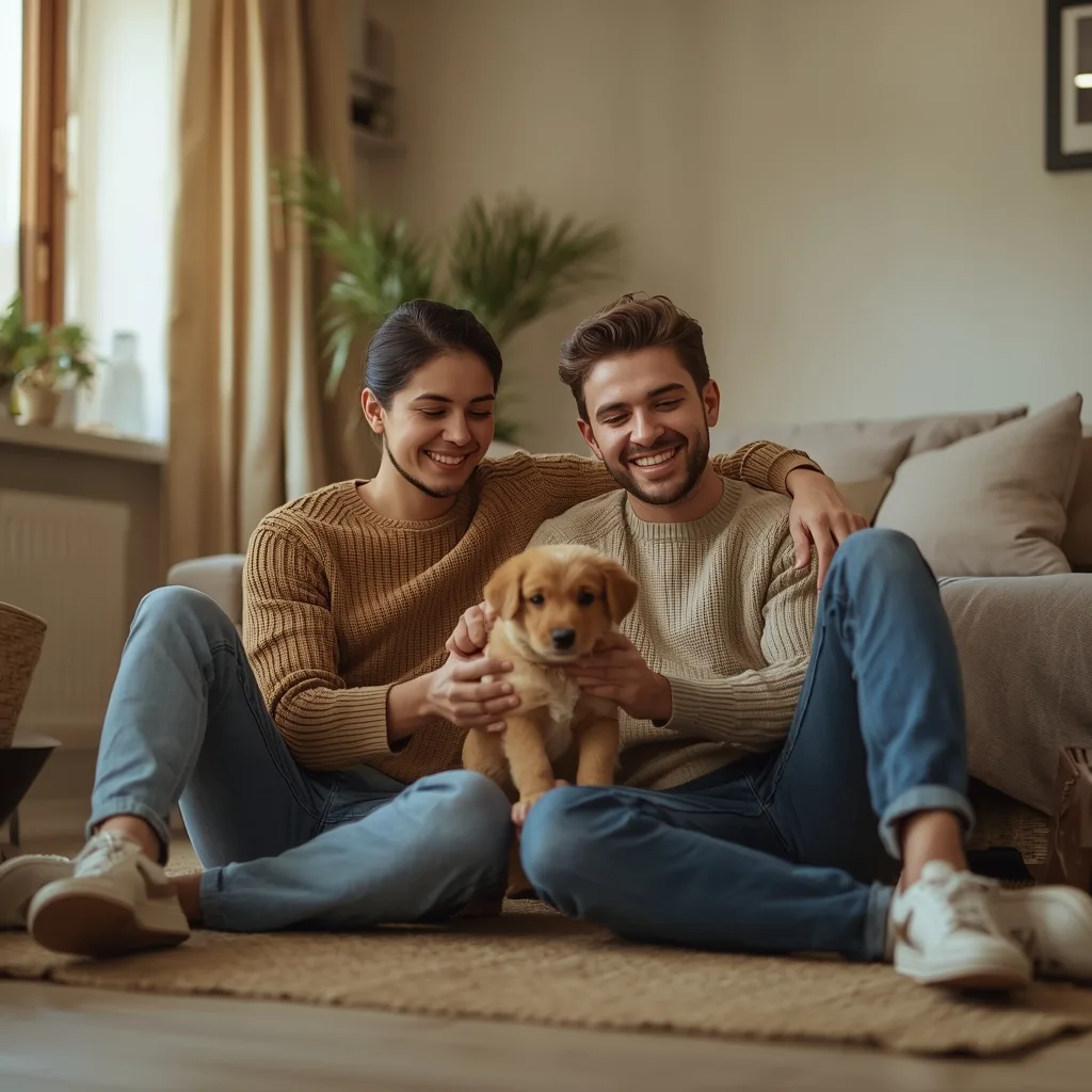 pareja joven jugando con su cachorro en casa