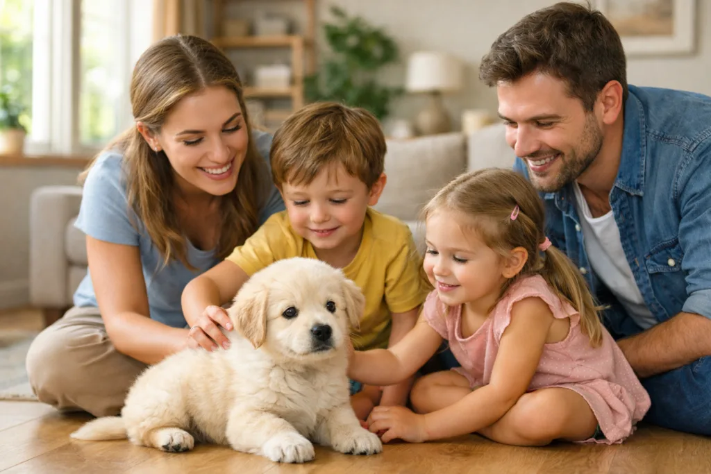 familia con niños aplicando el horario ideal para cachorro de 2 meses en casa