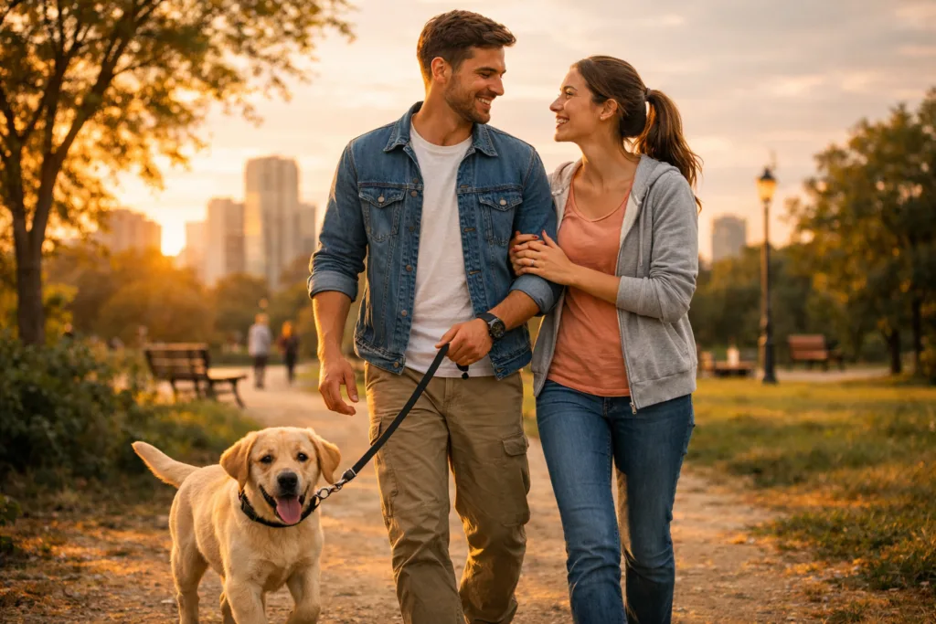 Pareja joven paseando a su cachorro en un parque urbano al atardecer, disfrutando de la conexión y armonía.