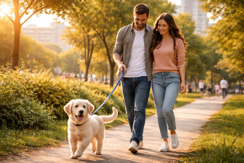 Pareja joven paseando a su cachorro feliz con correa en un parque urbano durante el fin de semana, luz cálida y ambiente armonioso.
