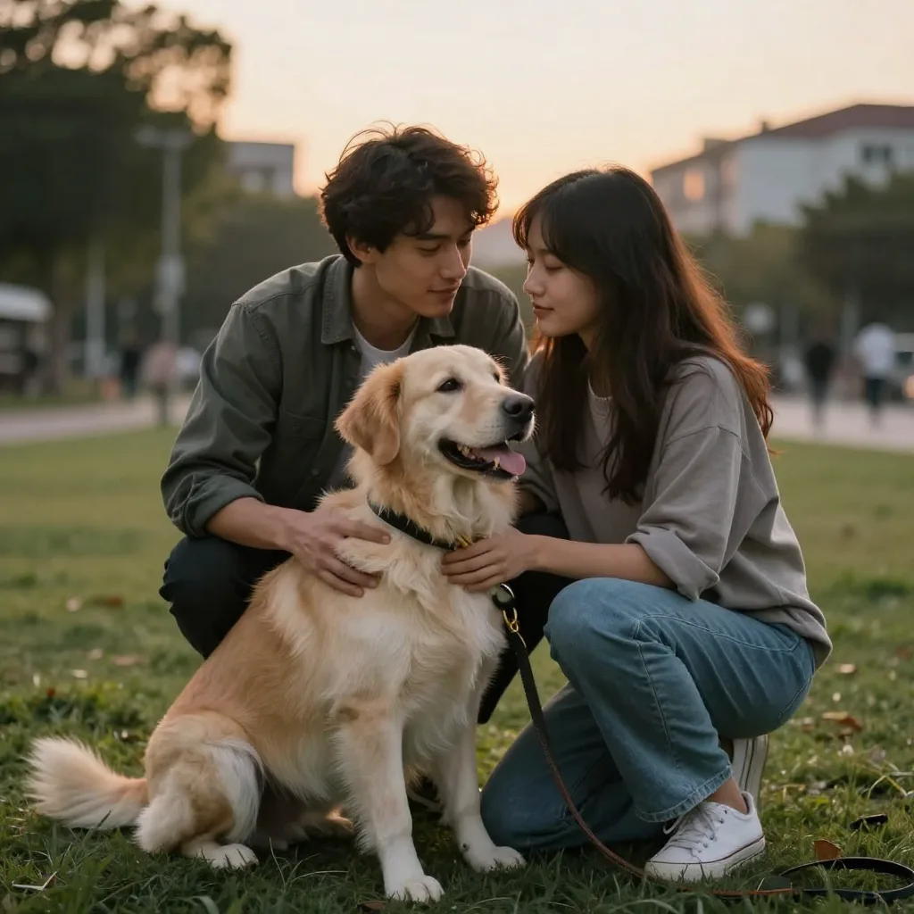 Pareja joven paseando a su cachorro en un parque, transmitiendo organización y armonía familiar con rutina semanal