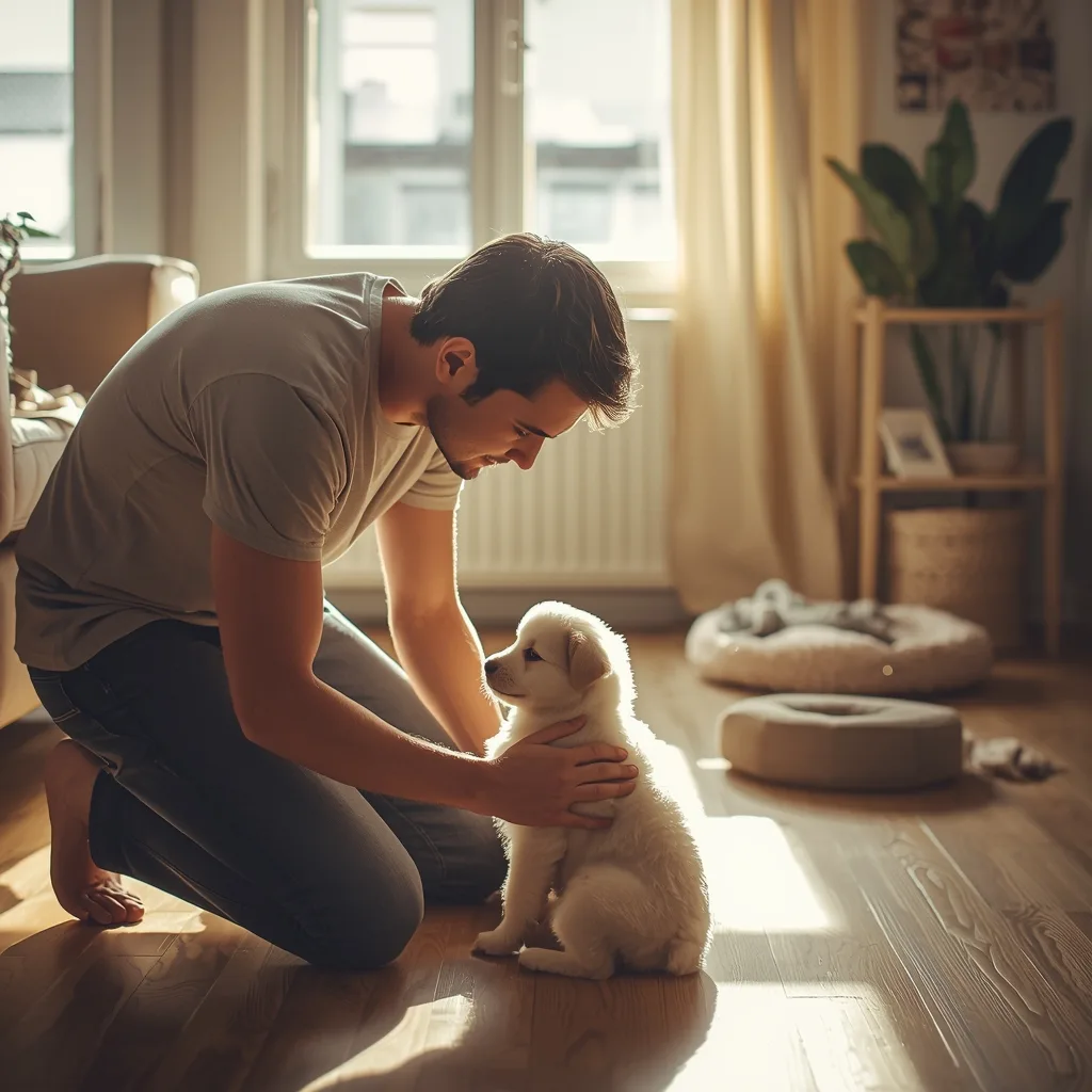 Joven adulto adoptando un cachorro primerizo en casa