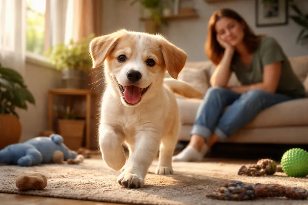 Cachorro joven en casa con juguetes en el suelo y dueña observando durante una rutina con cachorro descontrolada