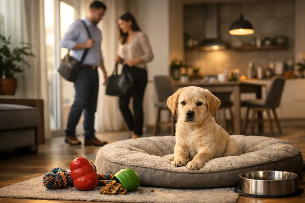 Rutina para cachorro si trabajamos todo el día en pareja joven en apartamento moderno con cachorro tranquilo en su cama