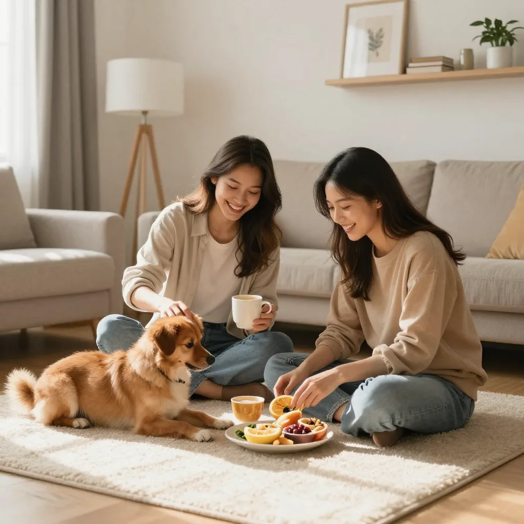 Pareja joven disfrutando de una mañana tranquila con su cachorro en casa, transmitiendo calma y organización, evitando el caos matutino con cachorro.