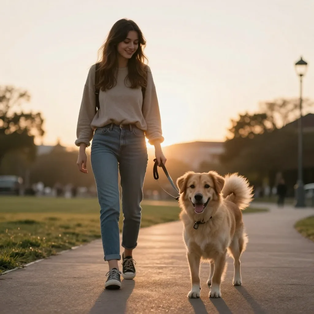 Cachorro feliz paseando con su dueño en un parque urbano al atardecer, mostrando bienestar y rutina diaria