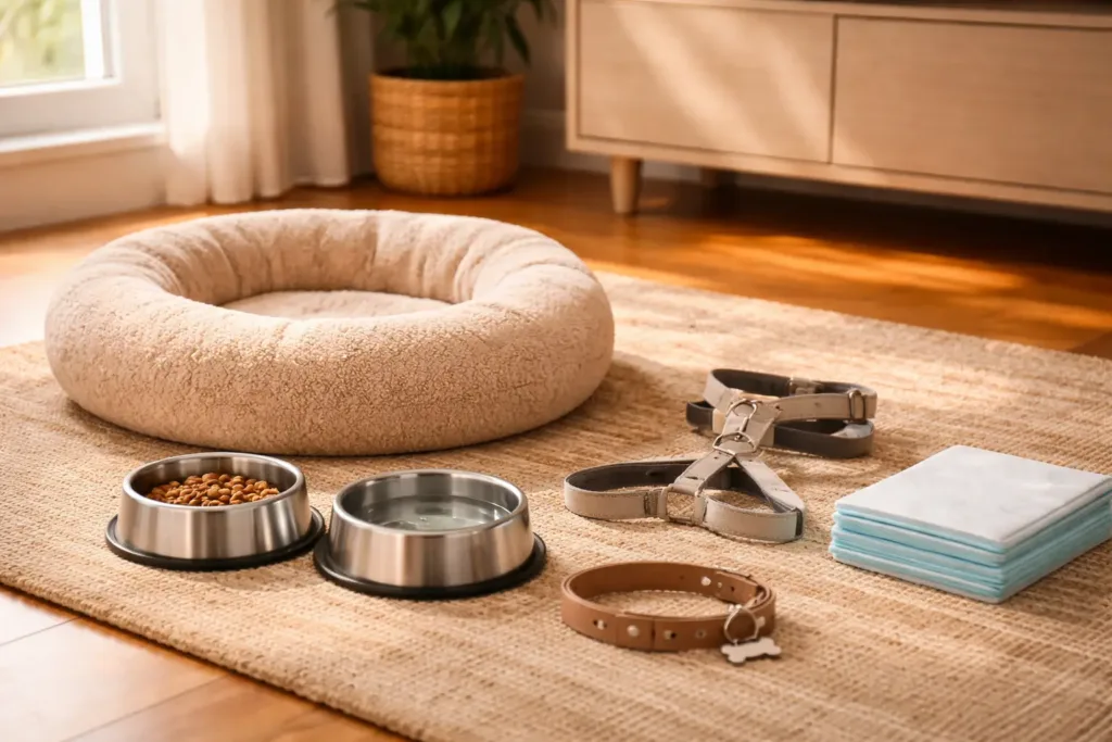 Realistic and conceptual photography, 1200x800 pixels, .webp format. A cozy home interior scene showing a welcoming space prepared for a puppy's arrival. On a light wooden floor, neatly arranged essential dog accessories: a soft round donut-style dog bed in warm beige tones, a stainless steel food bowl and water bowl, a lightweight adjustable collar with a small tag, a Y-shaped harness in neutral colors, and a small pack of training pads folded to the side. Natural warm light coming from a window on the left. Soft shadows. Clean, uncluttered composition. No people, no dogs, no text, no logos in the image. Warm, inviting and trustworthy mood. Photorealistic style, editorial quality.
