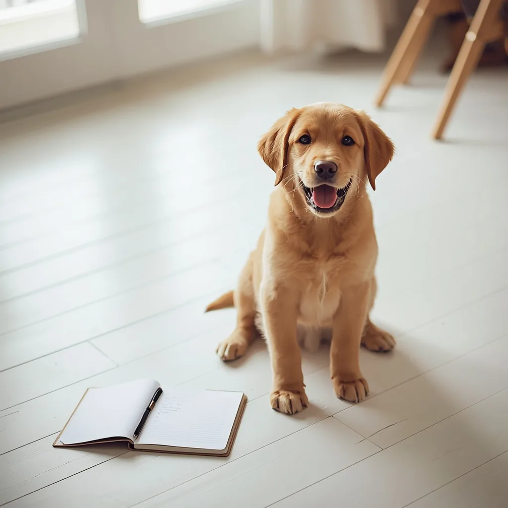 Cachorro feliz junto a un checklist semanal de cuidados para nuevos dueños