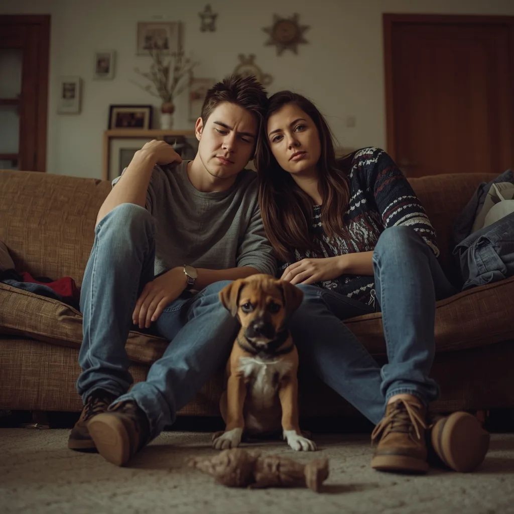 Pareja joven en casa con su cachorro generando tensión en la relación