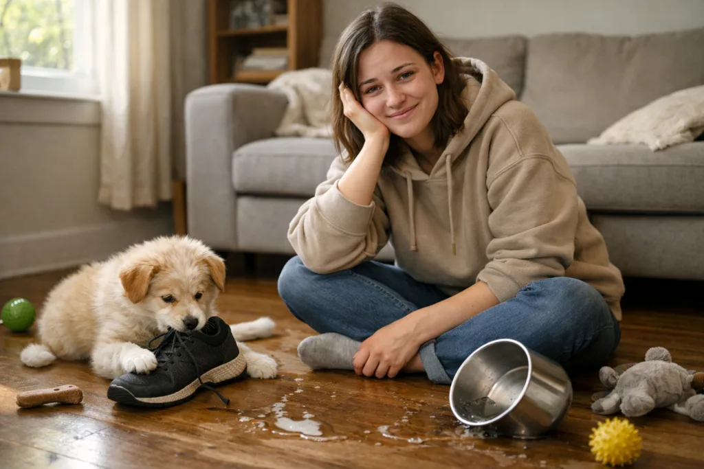 Jovem sorrindo no chão da sala enquanto filhote mastiga sapato e derruba pote de água