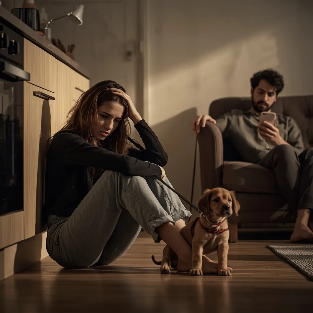 Pareja en casa con cachorro, uno de los dos asumiendo todas las responsabilidades del perro