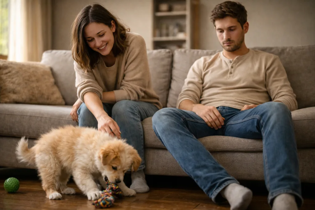 Pareja joven en casa con su cachorro, uno más vinculado emocionalmente que el otro